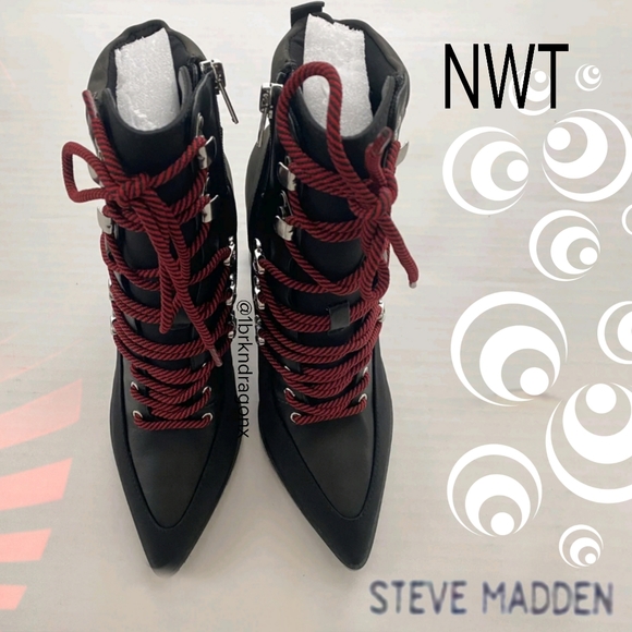 NWT Black Red Lug Sole Block Heel Lace Up Illusion Booties Boot Boots - Picture 5 of 16